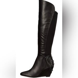 Fergie Samantha Black Chain-Detail Wedge Over-the-Knee Boots – Size 9M